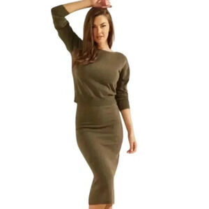 Guess Kaia Cropped Sweater Skirt Coord Set Soft Knit Olive Green Y2K Women Large